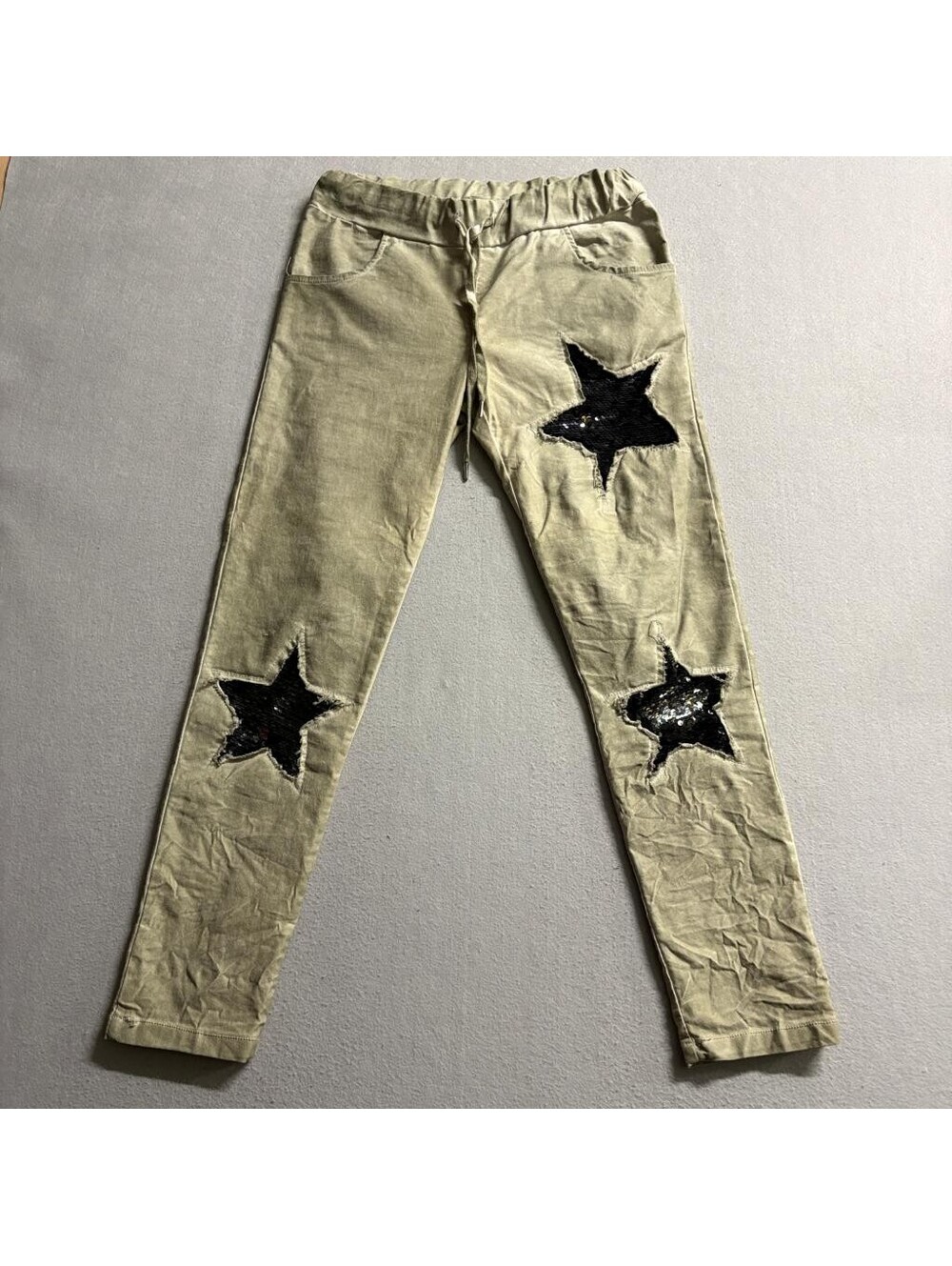 Venti6 Womens Sequin Star Patch Jogger Jeans Green Khaki Stretch Pants Size